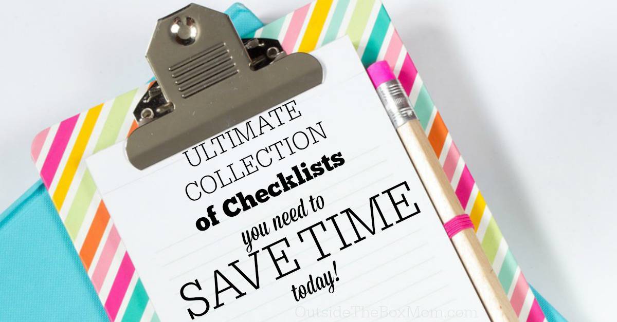 <em>Checklists include all the steps, activities, or items needed for a given project.  They make it easier to complete tasks and the need to memorize virtually unnecessary.</em> <img src="https://outsidetheboxmom.com/wp-content/uploads/2015/03/checklists-to-save-time-sq.jpg" alt="Checklists include all the steps, activities, or items needed for a given project. They make it easier to complete tasks and the need to memorize virtually unnecessary." width="1000" height="1000" class="aligncenter size-full wp-image-15779" /> <img class="aligncenter size-full wp-image-15779" src="https://outsidetheboxmom.com/wp-content/uploads/2015/03/checklists-to-save-time-sq.jpg" alt="Checklists include all the steps, activities, or items needed for a given project. They make it easier to complete tasks and the need to memorize virtually unnecessary." width="1000" height="1000" /><img class="aligncenter size-full wp-image-15779" src="https://outsidetheboxmom.com/wp-content/uploads/2015/03/checklists-to-save-time-sq.jpg" alt="Checklists include all the steps, activities, or items needed for a given project. They make it easier to complete tasks and the need to memorize virtually unnecessary." width="1000" height="1000" />I find that printable daily routines help me be more efficient, especially when I have a lot of distractions. Tasks that I only complete once a year can cause me to forget all of the parts involved and inadvertently reinvent the wheel.  However, with these eight checklists, I can stay on top of things. <ol> <li><a href="http://www.travelsmith.com/TravelSmith/US/TravelCenter/guide-packing-checklist/landing-path?redirect=y" target="_blank">Packing</a> :: I've used the same list for over ten years.  I have one for me and one for each child.  You will never forget anything.</li> <li>Cleaning :: I like this <a href="http://www.realsimple.com/home-organizing/cleaning/daily-cleaning-checklist-00000000000953/index.html" target="_blank">Daily Cleaning Checklist</a> by Real Simple.  It reminds me of how little time it takes for routine maintenance and cleaning.  Moneysavingmom's <a href="http://moneysavingmom.com/wp-content/uploads/2011/12/2-hour-house-clean1.pdf" target="_blank">2-Hour Holiday Cleaning List</a> also helps me whip a disaster into shape.<a title="How to Make a Grocery List" href="https://outsidetheboxmom.com/2011/11/12/how-to-make-a-grocery-list/" target="_blank">Grocery List</a> ::  Working through my grocery list like the store's layout makes it a breeze.  It also serves as a "<a href="http://en.wikipedia.org/wiki/Trigger_list:" target="_blank">trigger list</a>" for items I may have forgotten.</li> <li><a title="Back to School" href="https://outsidetheboxmom.com/tag/back-to-school/" target="_blank">Back to School</a> :  Everything from preparing for a new school, school supplies, and how to end the year right.</li> <li><a href="http://printables.yourway.net/holiday-printables/" target="_blank">Holiday Planning</a> :: Thanksgiving and Christmas lists for shopping, cooking, gift-giving, and more.</li> <li><a href="http://printables.yourway.net/birthday-party-planner/" target="_blank">Birthday Party Planner</a> :: Planning the theme, venue, guests, and supplies.</li> <li><a href="http://moneysavingmom.com/2010/12/free-customizable-daily-docket-now-available-for-download.html" target="_blank">Daily Routine</a> ::  A daily printable checklist for important tasks, chores, meal planning, health, and more.</li> <li>Meal Planning :: I recommend using Crystal Van Tassel's method in <a title="How to Meal Plan: A Step by Step Guide for Busy Moms {Review}" href="https://outsidetheboxmom.com/2013/02/26/how-to-meal-plan-step-by-step-guide-for-busy-moms/" target="_blank">How to Meal Plan: A Step by Step Guide for Busy Moms</a></li> </ol> <h4>What checklist(s) would you add to this list?</h4> <h4 style="text-align: center;">Read other posts in the <a title="31 Days" href="https://outsidetheboxmom.com/tag/31-days/">31 Days to Make Being a Working Mom Easier</a> series.</h4> <a title="31 Days" href="https://outsidetheboxmom.com/tag/31-days/"><img class=" size-full wp-image-6010 aligncenter" src="https://outsidetheboxmom.com/wp-content/uploads/2013/09/31-days-to-make-being-a-working-mom-easier.jpg" alt="31-days-to-make-being-a-working-mom-easier" width="125" height="125" /></a> <p style="text-align: center;">Don't miss anything in this series, <strong>SUBSCRIBE:</strong></p> <div id="mc_embed_signup"><form id="mc-embedded-subscribe-form" class="validate" action="//outsidetheboxmom.us8.list-manage.com/subscribe/post?u=d59de7986cdd8b86db1ecb432&id=d4a0eb39a8" method="post" name="mc-embedded-subscribe-form" novalidate="" target="_blank"> <h2>Enter your email address to get the best time-saving tips and solutions for busy, working moms in your inbox.</h2> <div class="indicates-required"><span class="asterisk">*</span> indicates required</div> <div class="mc-field-group"><label for="mce-EMAIL">Email Address <span class="asterisk">*</span> </label> <input id="mce-EMAIL" class="required email" name="EMAIL" type="email" value="" /></div> <div class="mc-field-group"><label for="mce-MMERGE11">First Name <span class="asterisk">*</span> </label> <input id="mce-MMERGE11" class="required" name="MMERGE11" type="text" value="" /></div> <div id="mce-responses" class="clear"></div> <!-- real people should not fill this in and expect good things - do not remove this or risk form bot signups--> <div style="position: absolute; left: -5000px;"><input tabindex="-1" name="b_d59de7986cdd8b86db1ecb432_d4a0eb39a8" type="text" value="" /></div> <div class="clear"><input id="mc-embedded-subscribe" class="button" name="subscribe" type="submit" value="Subscribe" /></div> </form></div> <script src="//s3.amazonaws.com/downloads.mailchimp.com/js/mc-validate.js" type="text/javascript"></script><script type="text/javascript">// <![CDATA[ (function($) { window.fnames = new Array(); window.ftypes = new Array();fnames[0]='EMAIL';ftypes[0]='email';fnames[1]='FNAME';ftypes[1]='text';fnames[11]='MMERGE11';ftypes[11]='text';fnames[2]='LNAME';ftypes[2]='text';fnames[3]='MMERGE3';ftypes[3]='text';fnames[4]='MMERGE4';ftypes[4]='text';fnames[5]='MMERGE5';ftypes[5]='text';fnames[6]='MMERGE6';ftypes[6]='text';fnames[7]='MMERGE7';ftypes[7]='text';fnames[8]='MMERGE8';ftypes[8]='text';fnames[9]='MMERGE9';ftypes[9]='text';fnames[10]='MMERGE10';ftypes[10]='text'; }(jQuery)); var $mcj = jQuery.noConflict(true); // ]]></script> <!--End mc_embed_signup-->