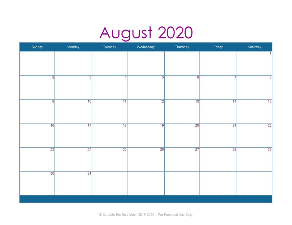 August 2020 Printable Calendar for Moms