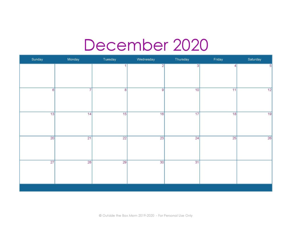 December 2020 Printable Calendar for Moms
