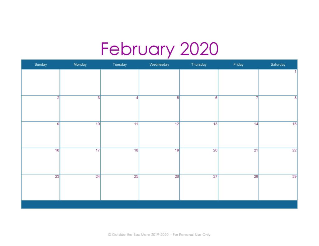 February 2020 Printable Calendar for Moms