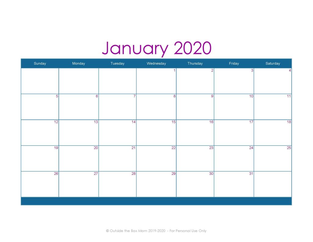 January 2020 Printable Calendar for Moms