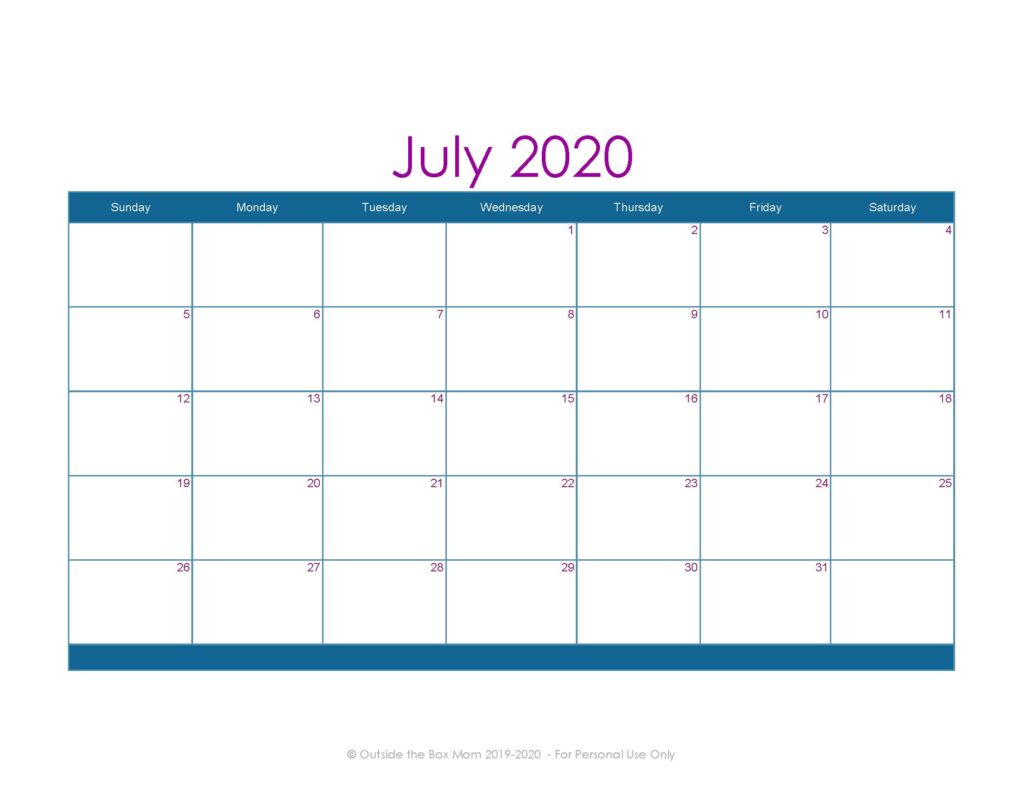 July 2020 Printable Calendar for Moms