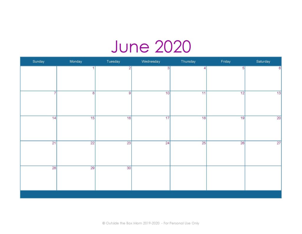 June 2020 Printable Calendar for Moms