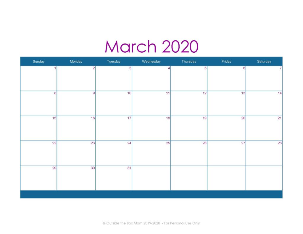 March 2020 Printable Calendar for Moms
