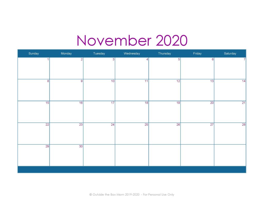 November 2020 Printable Calendar for Moms