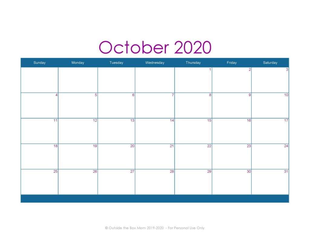 October 2020 Printable Calendar for Moms