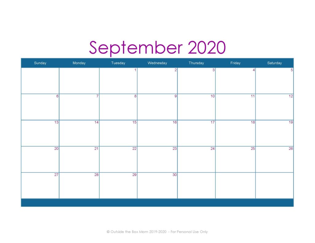 September 2020 Printable Calendar for Moms
