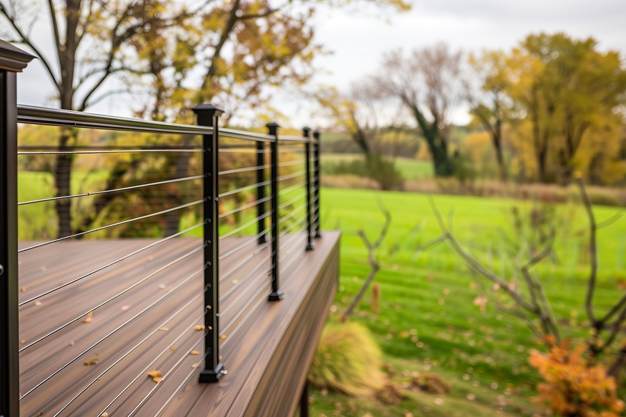 A fence made up of cable railing wires and black posts lines the edges of a wooden deck as trees make up the background.