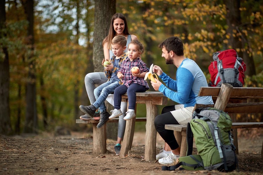 A family with two children eating fruit and snacks together while sitting outdoors near a forestry area on a sunny day.